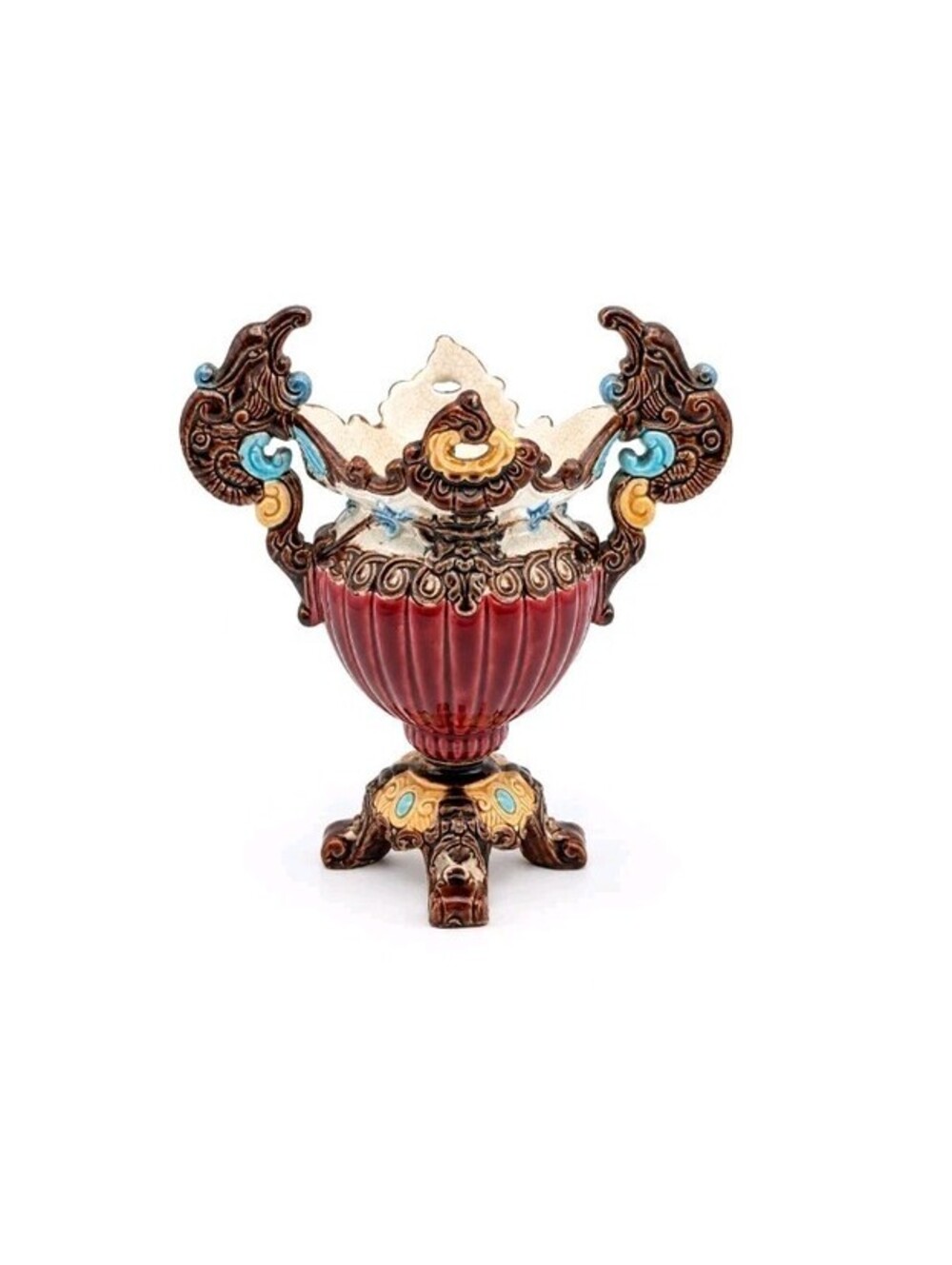 Vintage Majolica Style Footed Urn Vase Ornate Handles Burgundy Turquoise 6"